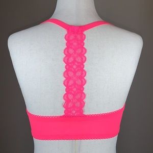 EUC Victoria’s Secret neon pink lace front closure T back bra 32DD worn once
